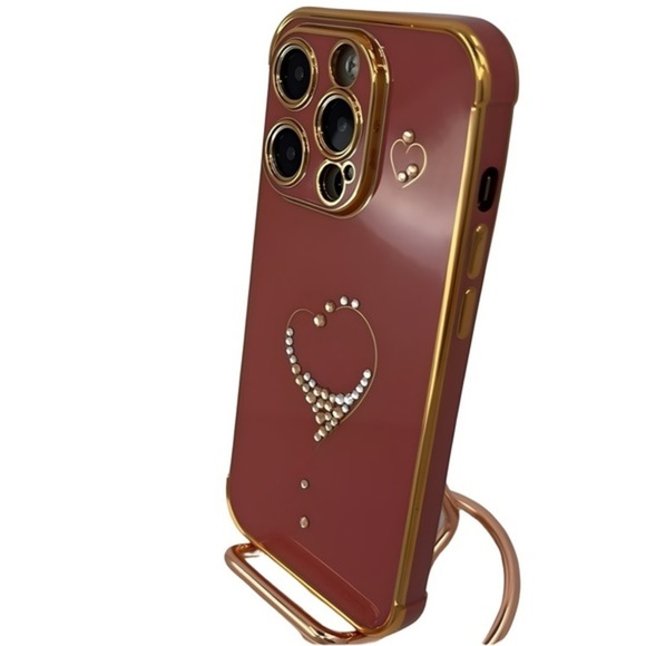 Glamorous Bling: Red Heart iPhone 14 Pro Case w Gold Plating‎ & Camera Protector - Picture 2 of 5